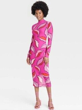 Target Sammy B Pink Red Abstract Print Long Sleeve Mesh Midi Dress